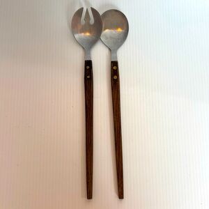 Vintage Salad Serving Set Wood Handle Stainless Rostfrei German MCM 11.5”